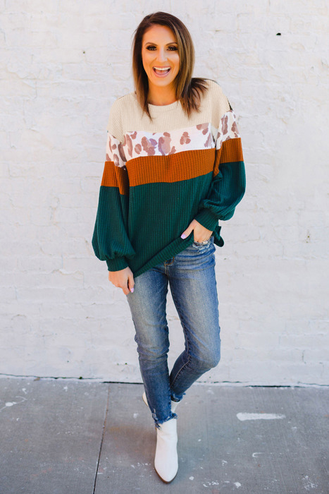 Leopard Color Block Long Sleeve Top