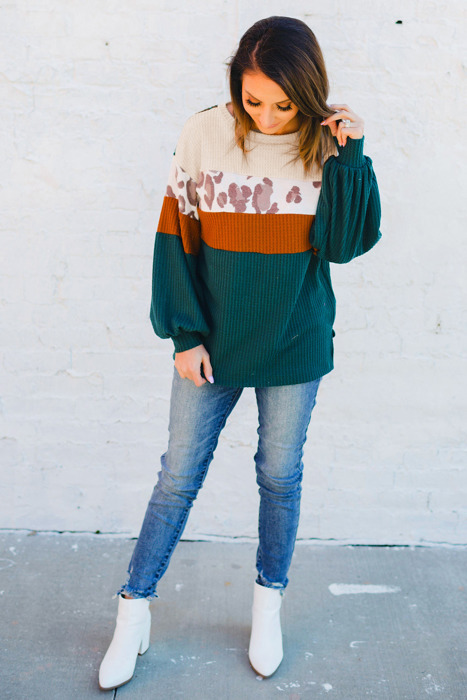 Leopard Color Block Long Sleeve Top