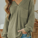  Waffle Knit Split Neck Pocketed Loose Top