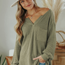  Waffle Knit Split Neck Pocketed Loose Top