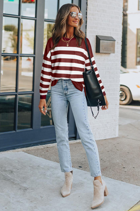 Striped Front Pocket Long Sleeve Top