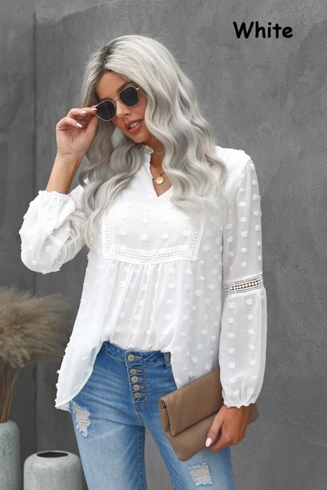 Ruffled Split Neck Lace Hollow Out Puff Sleeve Polka Dot Blouse | 4 Colors |