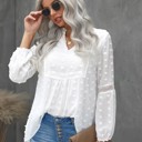  Ruffled Split Neck Lace Hollow Out Puff Sleeve Polka Dot Blouse | 4 Colors |