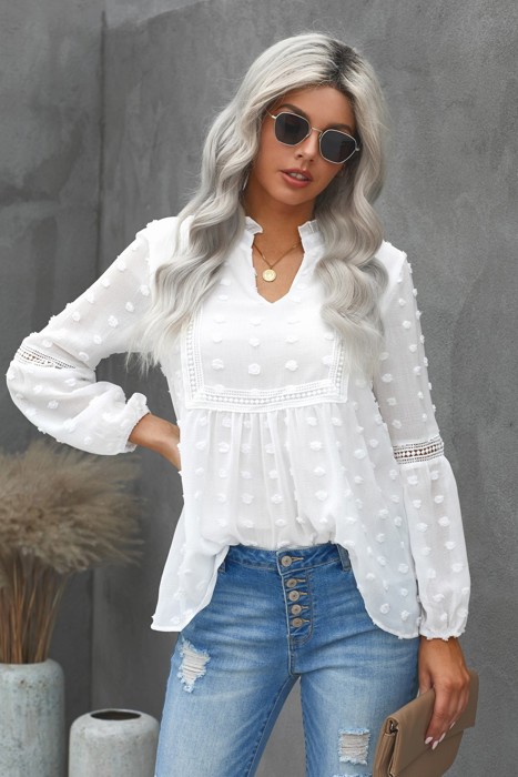 Ruffled Split Neck Lace Hollow Out Puff Sleeve Polka Dot Blouse | 4 Colors |