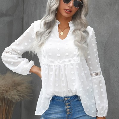 Ruffled Split Neck Lace Hollow Out Puff Sleeve Polka Dot Blouse | 4 Colors |