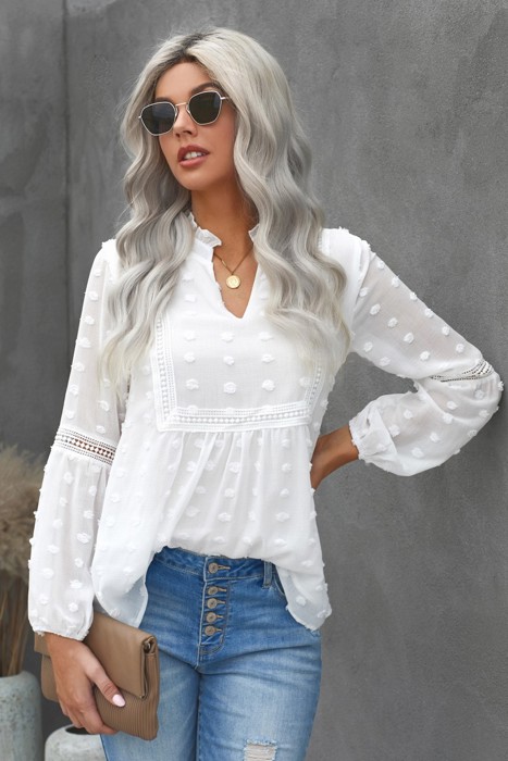 Ruffled Split Neck Lace Hollow Out Puff Sleeve Polka Dot Blouse | 4 Colors |