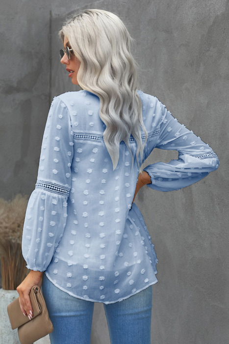 Ruffled Split Neck Lace Hollow Out Puff Sleeve Polka Dot Blouse | 4 Colors |