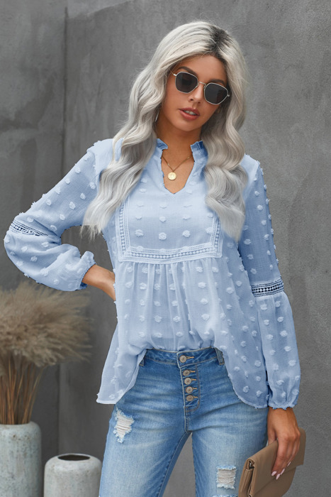 Ruffled Split Neck Lace Hollow Out Puff Sleeve Polka Dot Blouse | 4 Colors |