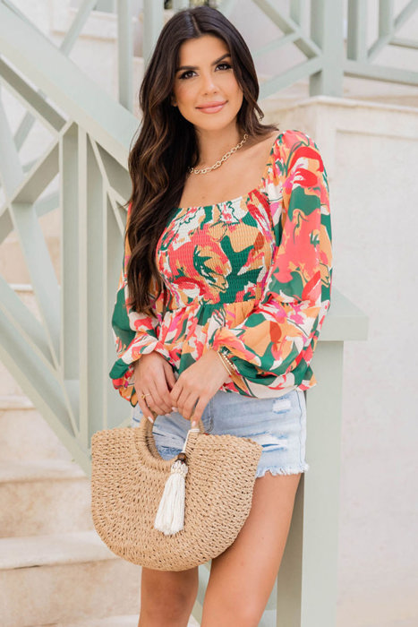 Abstract Floral Long Sleeve Peplum