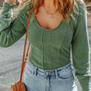  Green U Neck Textured Long Sleeve Top