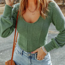  Green U Neck Textured Long Sleeve Top