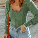  Green U Neck Textured Long Sleeve Top