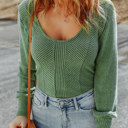  Green U Neck Textured Long Sleeve Top