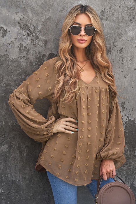 Swiss Dot Balloon Sleeve Loose Blouse