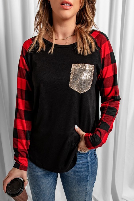 Plaid Long Sleeve Sequins Pocket Top