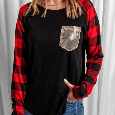 Plaid Long Sleeve Sequins Pocket Top