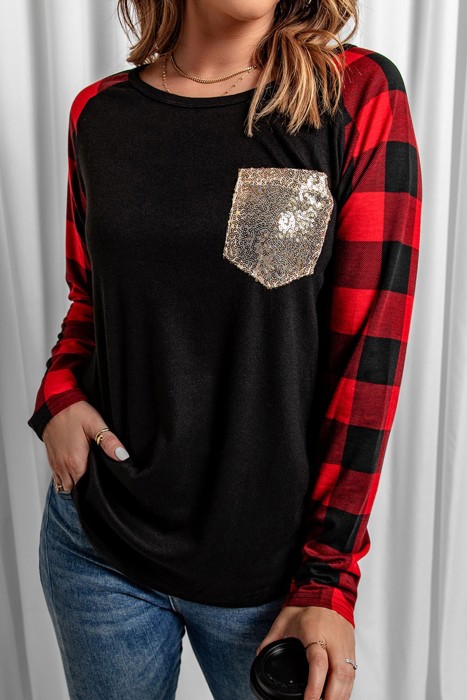 Plaid Long Sleeve Sequins Pocket Top