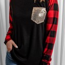 Plaid Long Sleeve Sequins Pocket Top