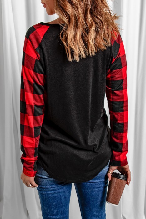 Plaid Long Sleeve Sequins Pocket Top