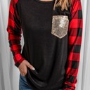  Plaid Long Sleeve Sequins Pocket Top