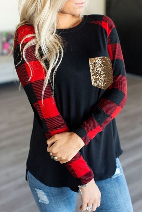 Plaid Long Sleeve Sequins Pocket Top