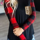  Plaid Long Sleeve Sequins Pocket Top