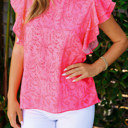  Pink Floral Ruffle Short Sleeve Top