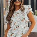  Green Floral Ruffle Short Sleeve Top