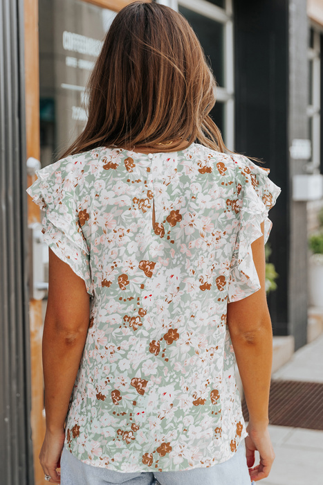 Green Floral Ruffle Short Sleeve Top