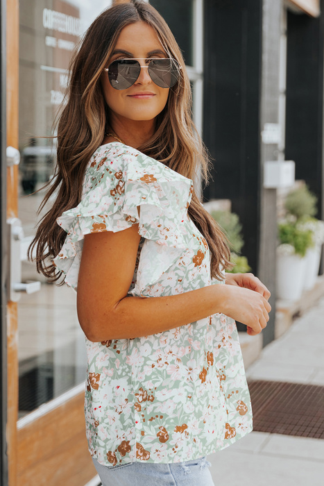 Green Floral Ruffle Short Sleeve Top