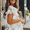  Green Floral Ruffle Short Sleeve Top