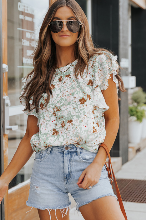 Green Floral Ruffle Short Sleeve Top