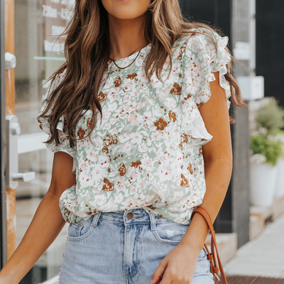 Green Floral Ruffle Short Sleeve Top