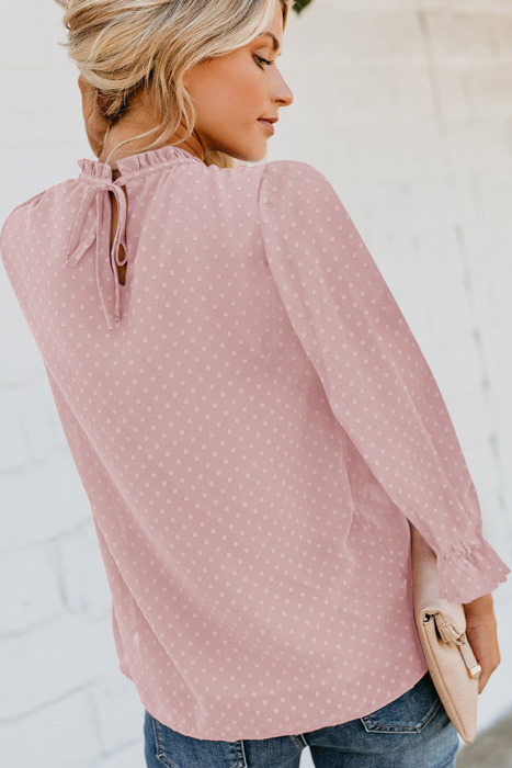 Swiss Dot Smocked Frilled Neckline Long Sleeve Blouse | 3 Colors |