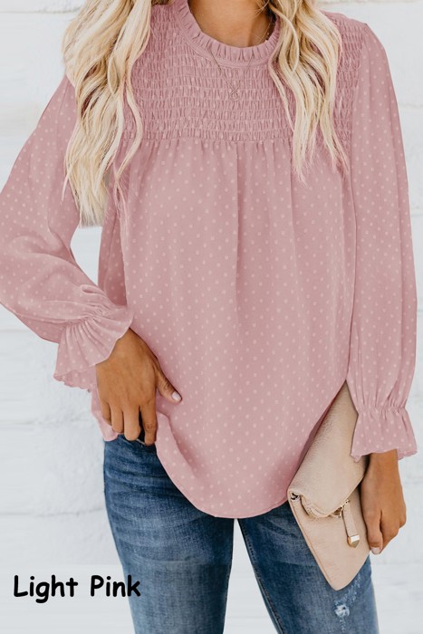 Swiss Dot Smocked Frilled Neckline Long Sleeve Blouse | 3 Colors |