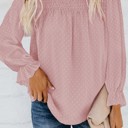  Swiss Dot Smocked Frilled Neckline Long Sleeve Blouse | 3 Colors |
