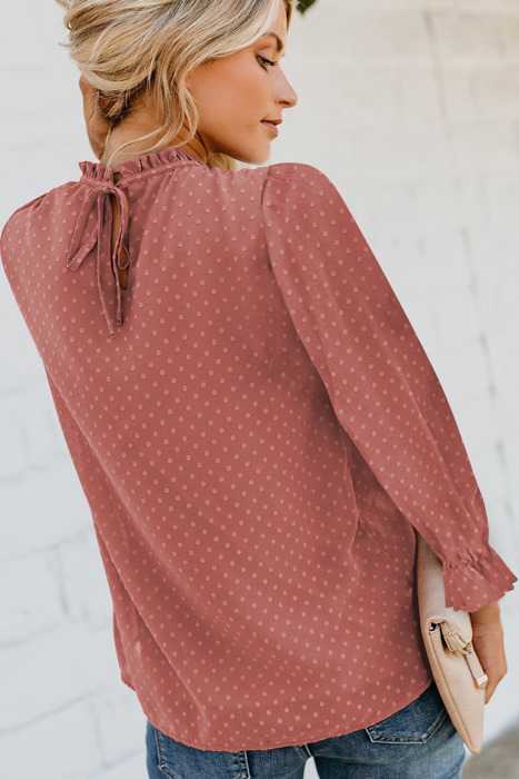 Swiss Dot Smocked Frilled Neckline Long Sleeve Blouse | 3 Colors |
