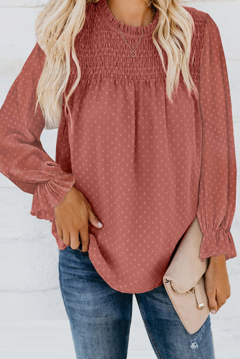 Swiss Dot Smocked Frilled Neckline Long Sleeve Blouse | 3 Colors |