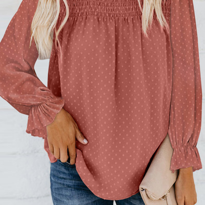 Swiss Dot Smocked Frilled Neckline Long Sleeve Blouse | 3 Colors |
