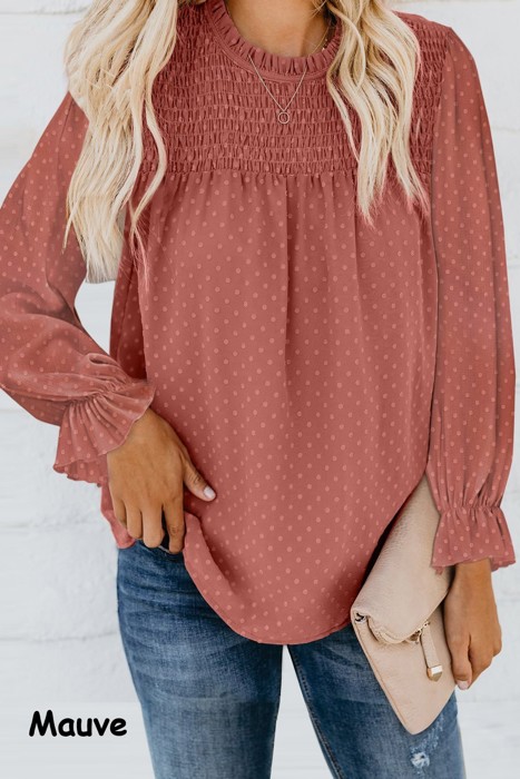 Swiss Dot Smocked Frilled Neckline Long Sleeve Blouse | 3 Colors |