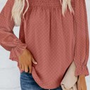  Swiss Dot Smocked Frilled Neckline Long Sleeve Blouse | 3 Colors |