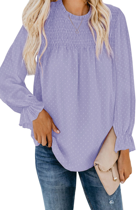 Swiss Dot Smocked Frilled Neckline Long Sleeve Blouse | 3 Colors |