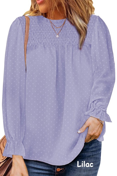 Swiss Dot Smocked Frilled Neckline Long Sleeve Blouse | 3 Colors |