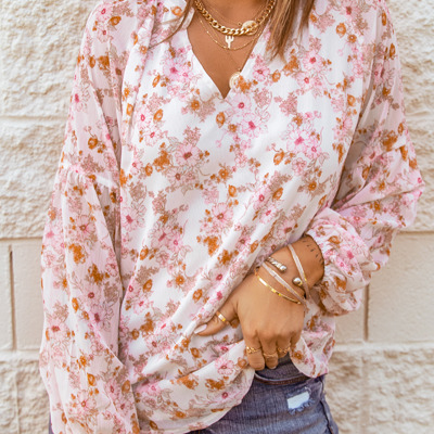 Floral Print V Neck Long Puff Sleeve Top | 2 Colors |
