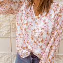  Floral Print V Neck Long Puff Sleeve Top | 2 Colors |