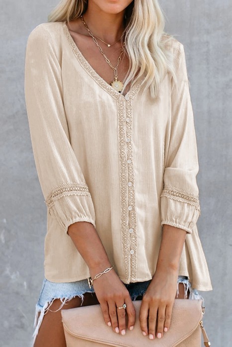V Neck Lace Trim 3/4 Sleeve Blouse