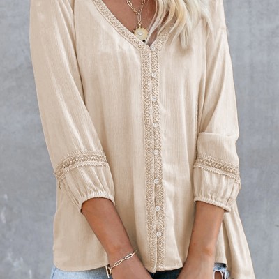 V Neck Lace Trim 3/4 Sleeve Blouse