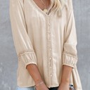  V Neck Lace Trim 3/4 Sleeve Blouse