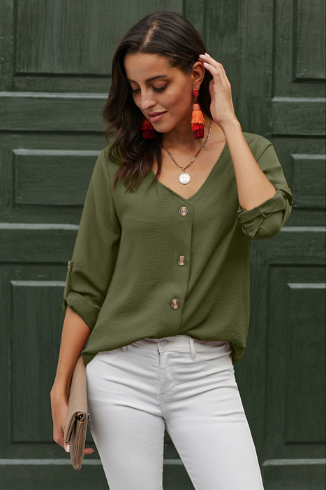 V Neck Button Up Blouse  | 2 Colors |