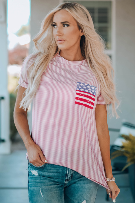 Pink Stripes American Flag Chest Pocket T Shirt